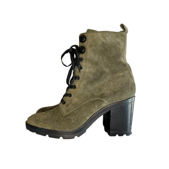 Frye Myra Lug Combat Boots Forest Green Suede Heeled Size 10 Like New - Picture 1 of 6
